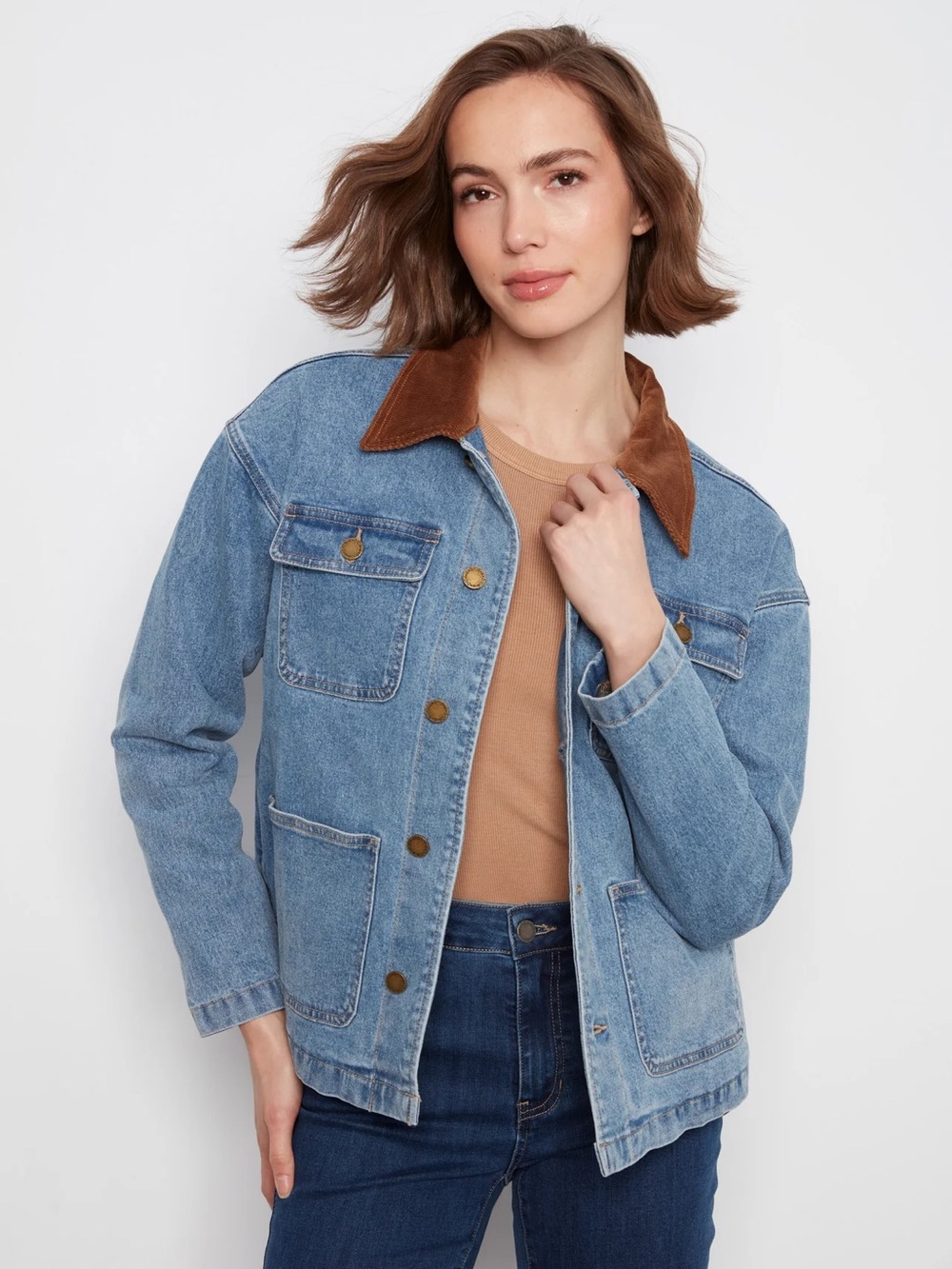 Women's Light Blue Denim Jacket with Brown Corduroy Collar